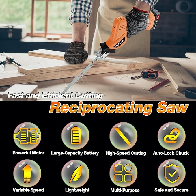 Reciprocating Saw, Cordless, Electric Reciprocating Saw with 2 Batteries, Includeds 8 Blades Kit, Tool-free Blade Change, Variable Speed, Multi-Purpose, For DIY Wood Metal PVC Cutting (Orange)