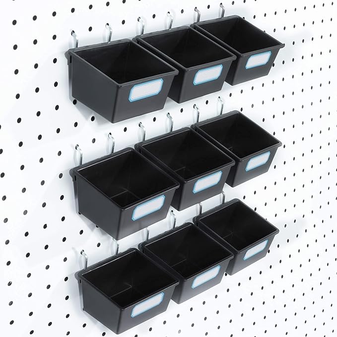 FRIMOONY 16 Pack Pegboard Bins with Hooks and Labels, for Organizing Accessories, Black