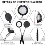 1 Pcs Telescoping Inspection Mirror Mechanics Automotive Tool with Long Handle Extendable Mirror on a Stick for Technicians Mechanics Contractors Checking Observation(Black,Round with Light)