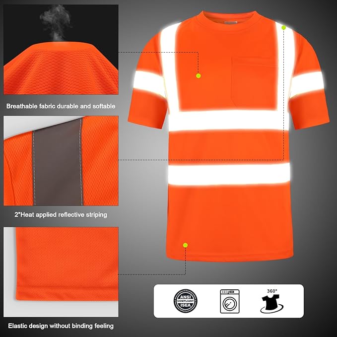 High Visibility Class 3 T Shirts，Hi Vis Safety Shirts with Reflective Strips and Pocket, Short Sleeve Quick Dry Mesh Construction Work Shirt for Men/Women Orange,Small