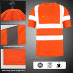 High Visibility Class 3 T Shirts，Hi Vis Safety Shirts with Reflective Strips and Pocket, Short Sleeve Quick Dry Mesh Construction Work Shirt for Men/Women Orange,Small