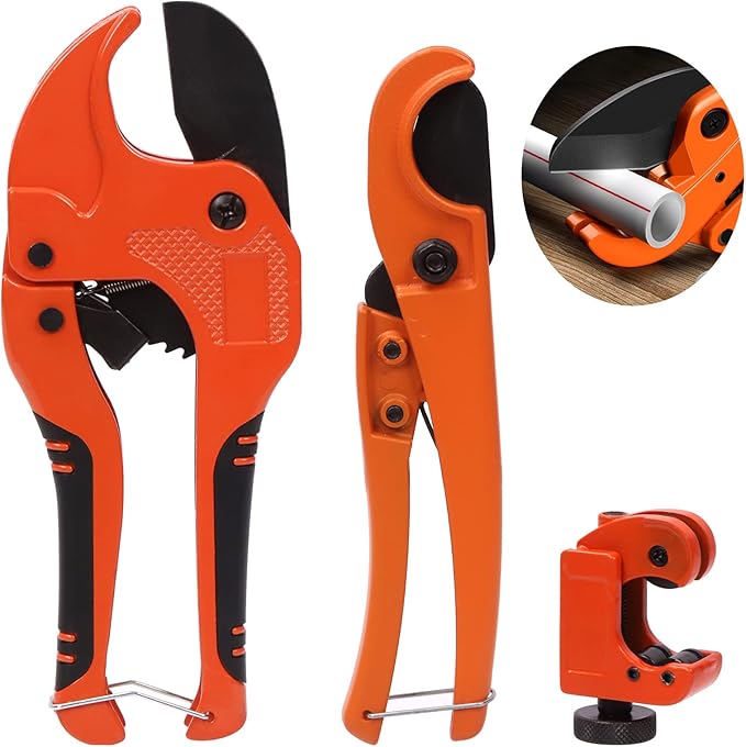 Tanstic 3Pcs Ratchet PVC Pipe Cutter Tool and PEX Straight Cut Pipe Cutter with Mini Tube Cutter, Ratchet-type Pipe Cutter One-hand Fast Pipe Cutting Tool PEX Tube Cutters for Pipe Cutting