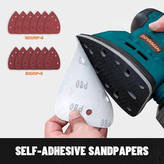 DLS03A Detail Sander, 1.1 Amp Hand Sander with Dust Collector, 12000 RPM Compact Palm Sander with 12 Pcs Sanderpapers, Low Vibration, Lightweight Hand Sander for Wood and Steel Surface
