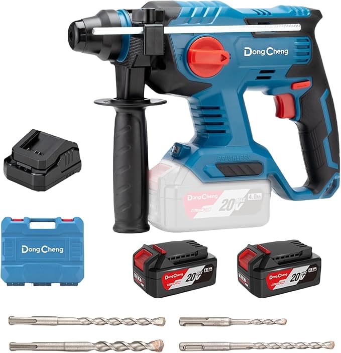 DongCheng 20V Max Cordless Rotary Hammer Drill, 7/8" SDS-Plus, 4 Application Modes, Brushless, 2.1 Joules, Cordless Demolition Hammer for Concrete, Including 2 * 4.0Ah Battery, 4 Drill Bits
