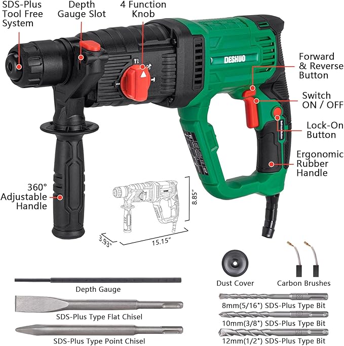 1" SDS-Plus Lightweight Rotary Hammer Drill, 9 Amp 4 Functions Corded Variable Speed Rotomartillo with Safety Clutch for Concrete, Includes 3 Drill Bits,2 Chisels,Carrying Case