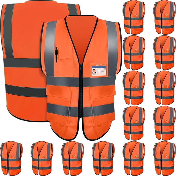 15 Pack Reflective Safety Vests with Pockets and Zipper High Visibility Vest Construction Work Vest for Men Women(Orange Red, Large)