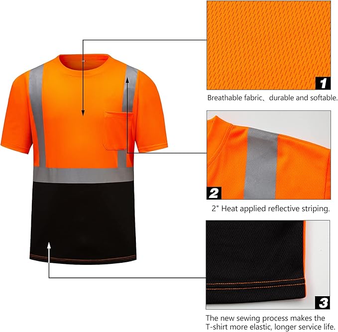 High Visibility Shirts Quick Dry Safety T Shirts with Reflective Strips and Pocket Short Sleeve Mesh Hi Vis Construction Work Class 2 Shirt for Men/Women Black Bottom Orange,6XL