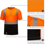 High Visibility Shirts Quick Dry Safety T Shirts with Reflective Strips and Pocket Short Sleeve Mesh Hi Vis Construction Work Class 2 Shirt for Men/Women Black Bottom Orange,Small