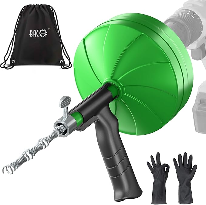 BACOENG 33Ft Drain Auger, Heavy Duty Plumbing Snake with Drill Adapter, Use Manually or Powered for Drain Clog, Shower Sink, Comes with Gloves and Bag (Green)