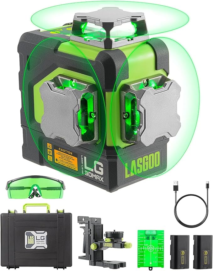 LG-3DMAX 3x360° Green Laser Level, 3D Self-Leveling Cross Line Laser with 2 Rechargeable Lithium Batteries, Fine-Tuning Bracket Adapter, Green Laser Enhancement Glasses, and Hard Carrying Case
