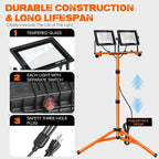 21000 Lumen Work Lights with Stand, 3 Adjustable Head LED Work Light, with Adjustable and Foldable Tripod Stand, Waterproof Lamp with Individual Switch with 6500 Kelvin Color (2-Head-Orange)