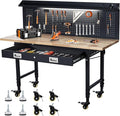 60'' Adjustable Workbench, Heavy Duty Workbench with Drawer and Backplate, 2000 LBS Capacity Work Table with Power Outlet and Lockable Wheels, Suitable for Office, Garage, Workshop