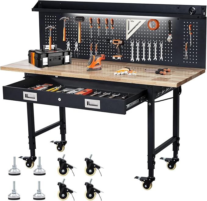 60'' Adjustable Workbench, Heavy Duty Workbench with Drawer and Backplate, 2000 LBS Capacity Work Table with Power Outlet and Lockable Wheels, Suitable for Office, Garage, Workshop