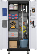 71" H Broom Closet Storage Cabinet with Wheels,Rolling Tool Cabinet with Lockable and Magnetic Doors,Adjustable Shelves and Pegboard for Garage Warehouse Home,Required Assembly,Black and White