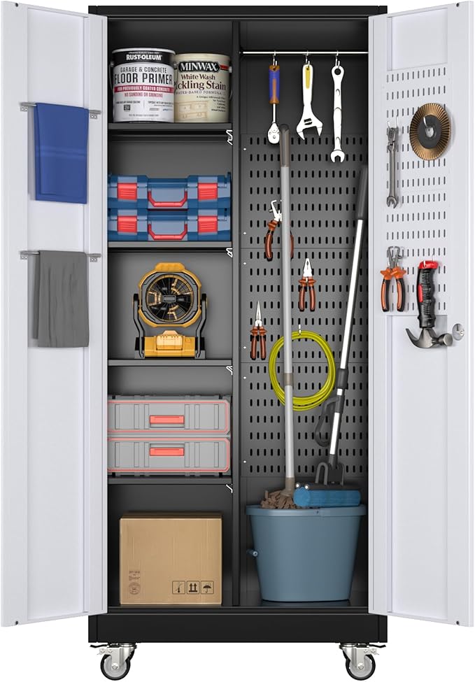 71" H Broom Closet Storage Cabinet with Wheels,Rolling Tool Cabinet with Lockable and Magnetic Doors,Adjustable Shelves and Pegboard for Garage Warehouse Home,Required Assembly,Black and White