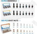 Rivet Nut Tool, 16” Rivet Nut Tool Kit with 15 Metric & SAE Mandrels, 182pcs Rivnuts and Rugged Carrying Case, One RIV Nut Tool Kit Meet All Your Needs