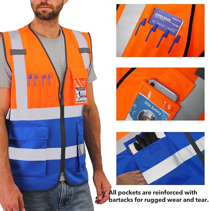 Dib Safety Reflective Vest High Visibility with Pockets and Zipper, Orange and Blue 3XL