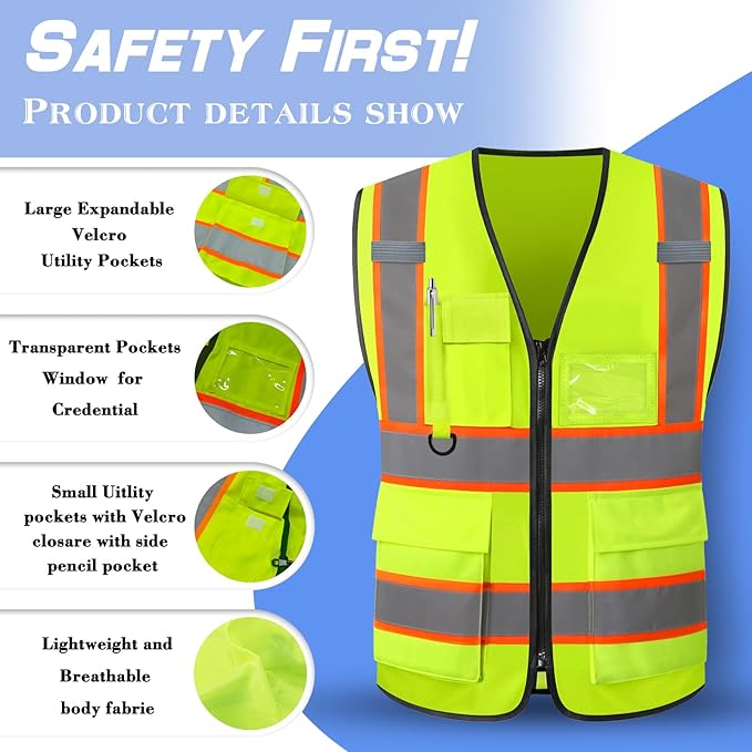 Custom Safety Vest Logo High Visibility Work Vests for Men Customize Hi Vis Reflective Construction Workwear
