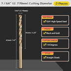 Drill Bit, 7/64" Cutting Diameter (2.778mm), 4241 HSS Black and Gold 118° Cutting Angle Versatile Jobber Bits - (Applications: for Drilling Plastic Wood Soft Thin Metal), 2-Pieces
