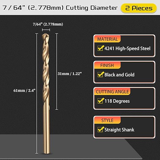 Drill Bit, 7/64" Cutting Diameter (2.778mm), 4241 HSS Black and Gold 118° Cutting Angle Versatile Jobber Bits - (Applications: for Drilling Plastic Wood Soft Thin Metal), 2-Pieces