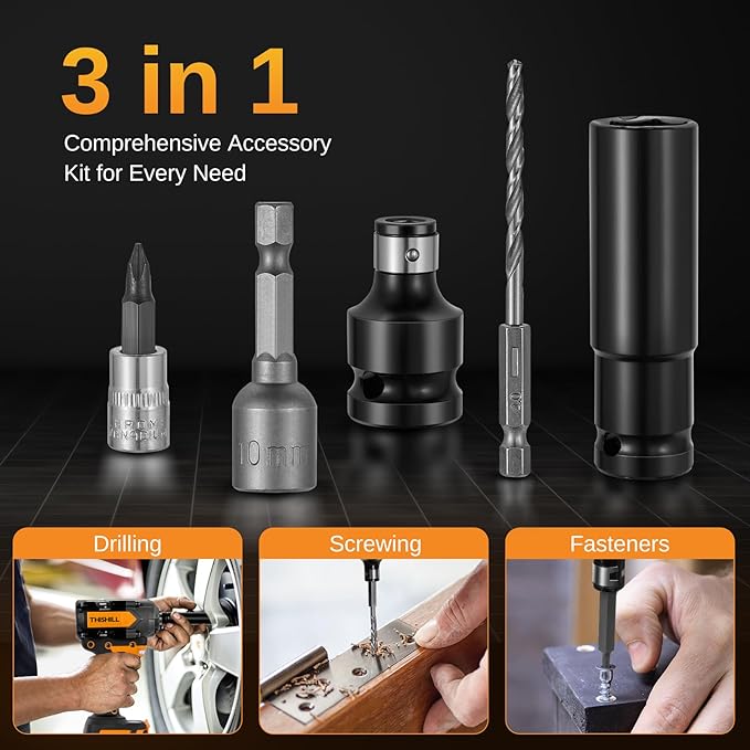 This Hill 45PCS Cordless Impact Wrench,600Nm(443Ft-lbs),1/2 Inch Brushless lmpact Driver Set,w/Two 4.0Ah Battery,17 Sockets,High Torque Power Impact Gun for Car Home