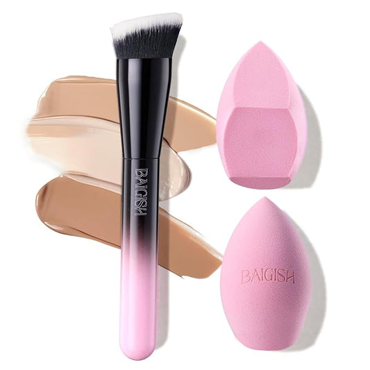 Makeup Brush Set, Flat Top Kabuki Brush Premium Foundation Brush for Liquid, Cream, and Powder with 2 Makeup Sponge for Foundation, Powder, Blush, and Concealer-VeraVaultWomen