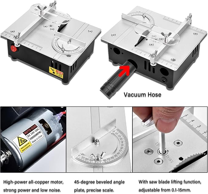 Precision Mini Electric Table Saw, DIY Hobby Handmade Woodworking Bench Cutting Machine Adjustable Cut Depth Small Desktop Saw for Miniature Wood Craft (Elevating version)