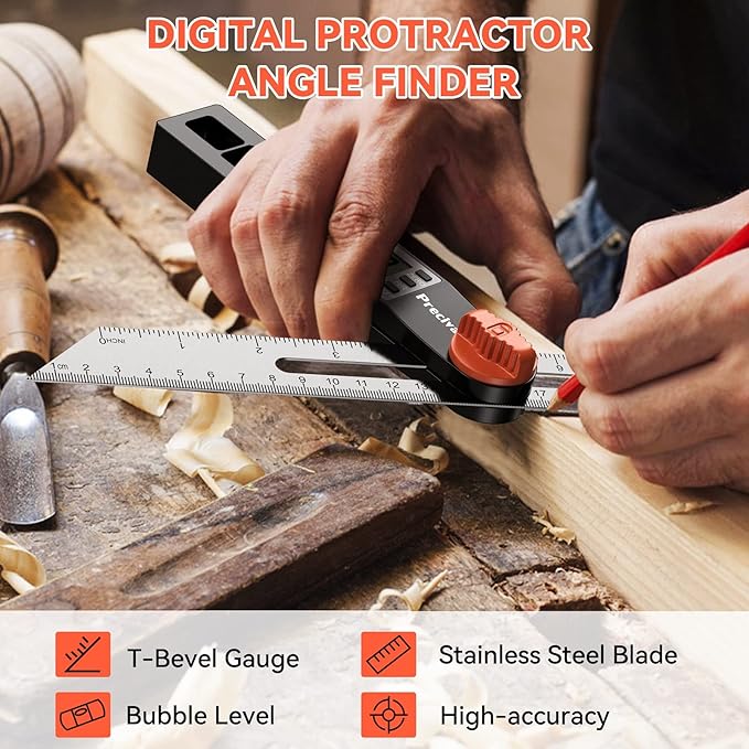 Preciva T-Bevel Gauge & Protractor with Horizontal and Vertical Bubble,0-338° Digital Angle Finder Protractor 230mm/8inch Display for Carpentry Woodworking, Metalworking, Construction