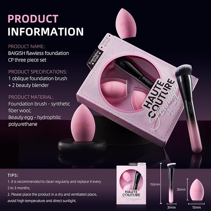 Makeup Brush Set, Flat Top Kabuki Brush Premium Foundation Brush for Liquid, Cream, and Powder with 2 Makeup Sponge for Foundation, Powder, Blush, and Concealer-VeraVaultWomen