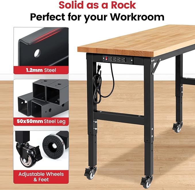 Work Bench with Wheels 48 x 20 Inch Heavy Duty Rubberwood Tabletop Garage Workbench Adjustable Height Work Table with Pegboard, Power Outlets for Woodworking Shop, Home, Office