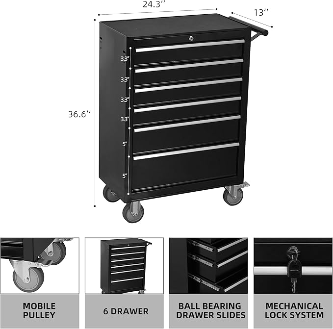 6-Drawer Rolling Tool Chest Cabinet, Large Capacity Metal Tool Box with Wheels and Keyed Locking, Roll Around Storage Organizer Tool Cart for Garage, Warehouse, Work Shop (Black)