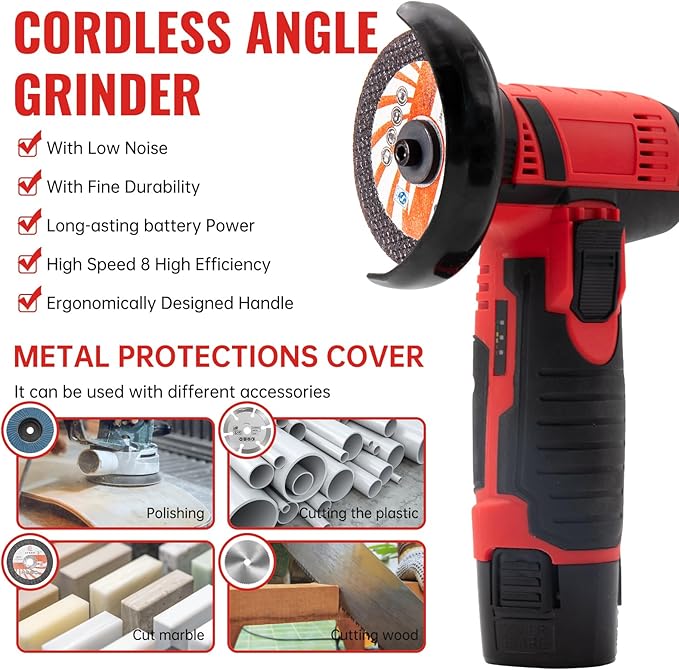 Housiwill Mini Angle Grinder Tool, 19500RPM Cordless Angle Grinder, Cordless Electric Power Angle Grinder Tool with 2pcs Batteries, 76mm Grinder Handheld Cutter for Metal Wood Grinding and Cutting