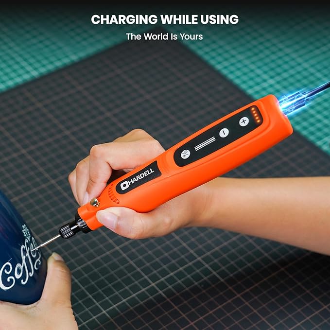 HARDELL Engraving Pen, Cordless Rechargeable Engraver Pen,5 Speed Engraver Tool For Metal, Wood, Plastic And Glass, Engrave 50+ Surfaces with 6 Carving Bit, 3 polishing bit, 20 Sandpaper, 4 Stencils
