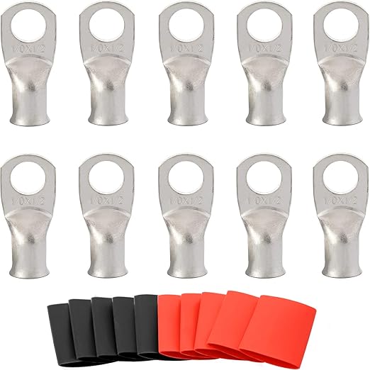 0 Gauge Tinned Copper Lugs 10 PCS 1/0 AWG - 1/2'' Cable Lugs UL Listed Terminals 1/0 Gauge Wire Lugs Battery Cable Ends 10 PCS Heavy Duty Closed End Crimp Copper Lugs with 10 PCS 3:1 Heat Shrink Tube