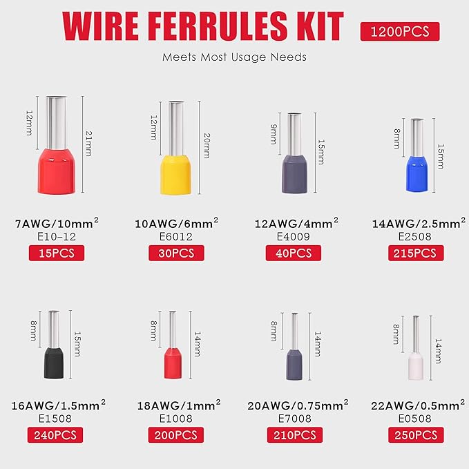 Ferrule Crimping Tool Kit, Square Crimping Tools, AWG 23-7 Self-adjustable Ratchet Wire Crimping Tool Kit Crimper Plier Set with 1200PCS Wire Connectors