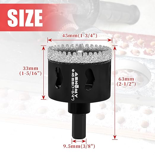 1-3/4 Inch Diamond Hole Saw with Pilot Drill Bit, 1-3/4" Serrated Brazing Tile Hole Saw Diamond Core Drill Bits with Guiding Bit for Ceramic Porcelain Tile Glass Stone Granite Marble
