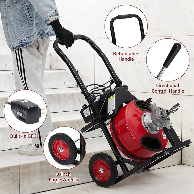Auto Feed 100 FT x 3/8 Inch Drain Cleaner Machine with 370W Motor, Portable Sewer Snake Auger with 8 Cutters & Air-Activated Foot Switch, Fits 1" to 4" Pipes, Black & Red