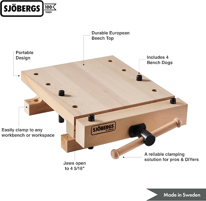 Sjöbergs Smart Workstation Pro Vise, 1-5/8" Thick Beech Top, Mini Workbench, Cork Jaw Cushions, Portable Hardwood Clamp for Woodworking, 20-7/8" X 14-3/8" Bench Surface, SJO-66690K