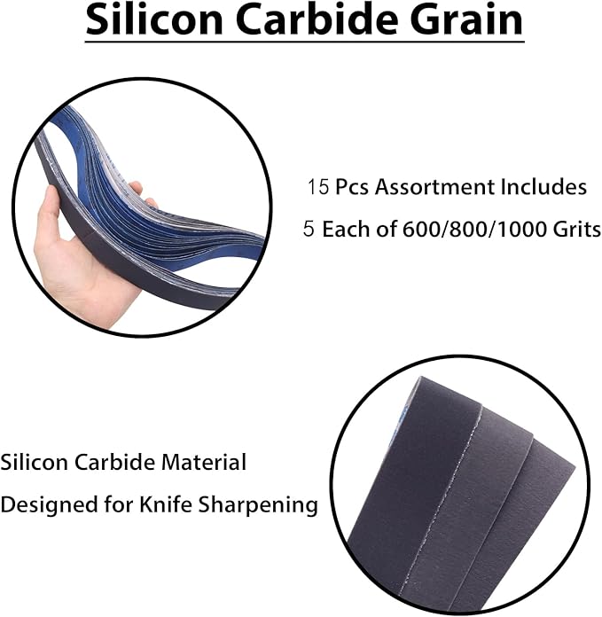 15 Pack 1 x 42 Inch Silicon Carbide Sanding Belts, 1x42 Knife Sharpening Sanding Belt, 5 Pcs Each of 600, 800, 1000 Grits Sanding Belt for Belt Sander