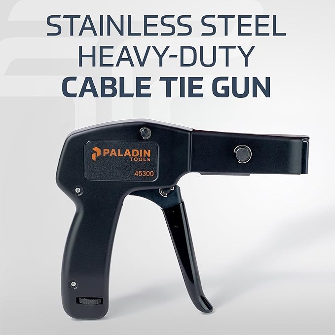 Paladin Tools PA45300 Stainless Steel Cable Tie Gun, Ergonomic Heavy Duty Zip Tie Gun Tool, Cut-off 5/65” to 1/4” Zip Ties (USA Quality Control)