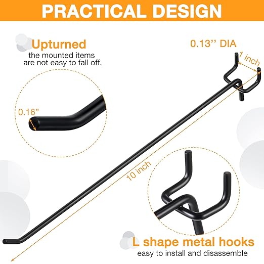 Shimeyao 100 Pcs Peg Board Shelving Hooks Stainless Steel Hanging Board Pegs Wall Display Hooks Bulk for 1/8 1/4 Garage Storage Organizer Accessories(10 Inch,Black)