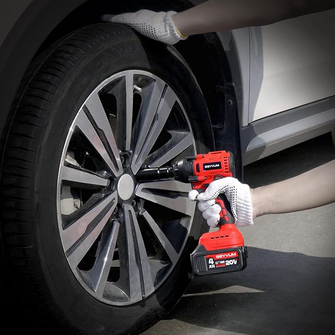 SEYVUM Impact Wrench,1/2" Impact Gun, Power Impact Driver Max Torque 320 Ft-lbs (430N.m), Cordless Impact Wrench with 20V Brushless Motor, 4.0Ah Li-ion Battery with Fast Charger, 4 Pcs Impact Sockets