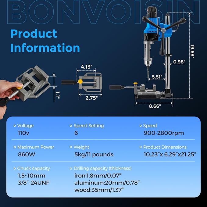 Bonvoisin Benchtop Drill Press with Square Hole Drill Bit, Bench Mortising Machine for Woodworking, 860W Electric Drilling Machine Chuck Capacity 1.5-10mm