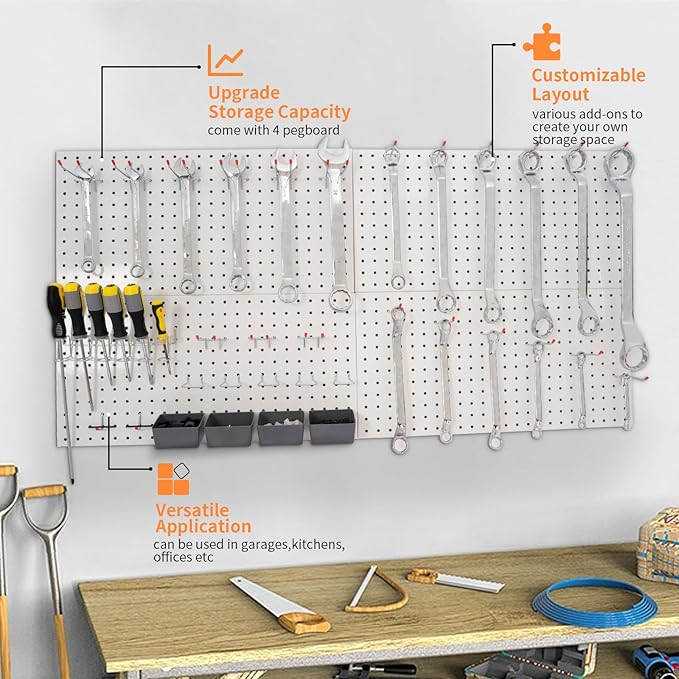 Metal Peg Panels - 4 Pcs 24' x 12' Wall Organizer, Steel Pegboard Tool Board, White Pegboard for Garage Storage & Organization