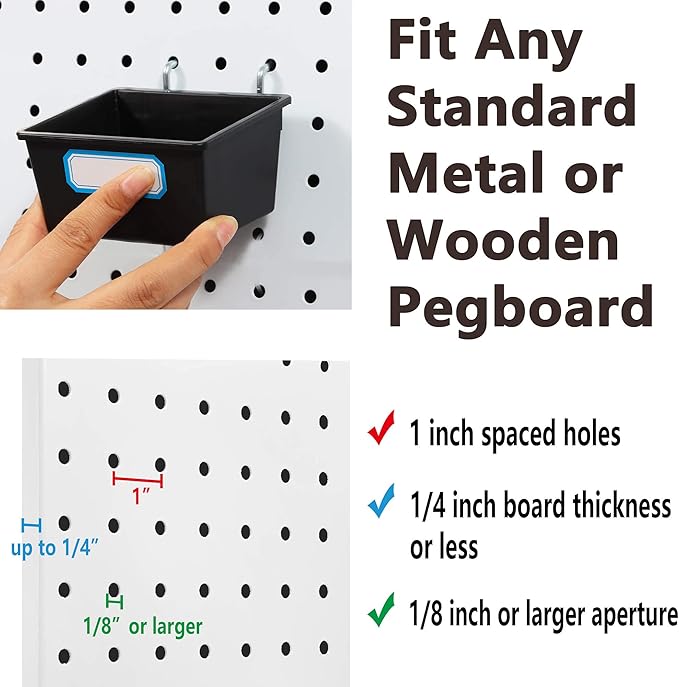 FRIMOONY 16 Pack Pegboard Bins with Hooks and Labels, for Organizing Accessories, Black