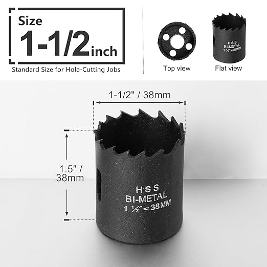 1-1/2 Inch Hole Saw with 1/2" Triangle Shank Quick Change Arbor, JTemgle Bi-Metal Hole Saw Heavy Duty Hole Cutting Tool for Cornhole Boards, Recessed Lights, Wood, Plastic, Drywall & Soft Metal