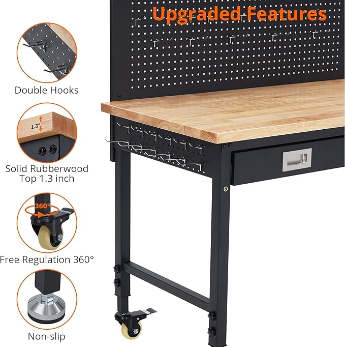 Work Bench 48" Adjustable Height, Heavy-Duty Portable Workbench with Power Outlets and Drawer for Garage & Workshop, 2000 LBS Load Capacity Large Pegboard, Work Table for Office, Home, Easy Assembly