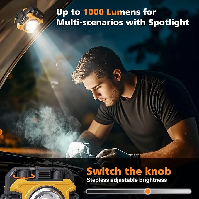 Samyoung 2 Pack 2400LM Magnetic Rechargeable Work Light, 28 Hours Long Lasting Stepless 2700-8000K White & Warm Bright Portable LED Work Light, Ultralight 360°Rotating with Hook(Yellow)