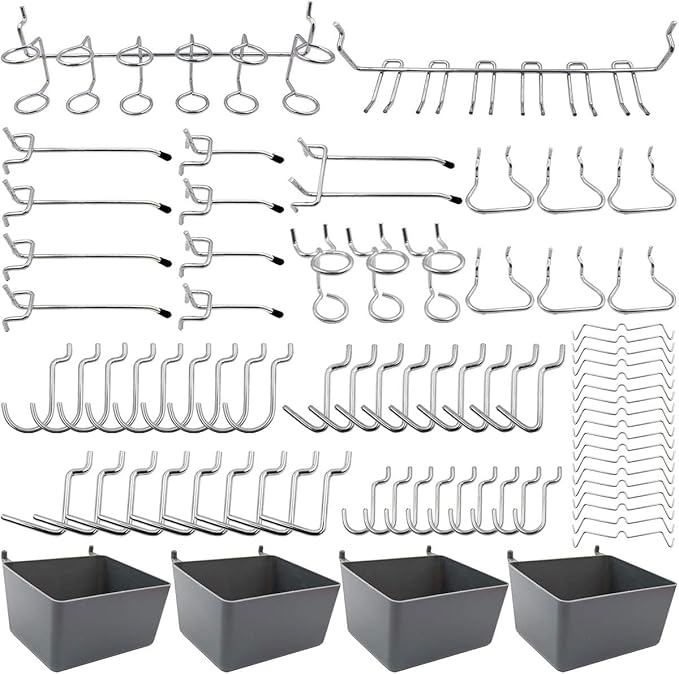 FRIMOONY Pegboard Hooks Assortment with Pegboard Bins, Peg Locks, for Organizing Various Tools, 80 Piece