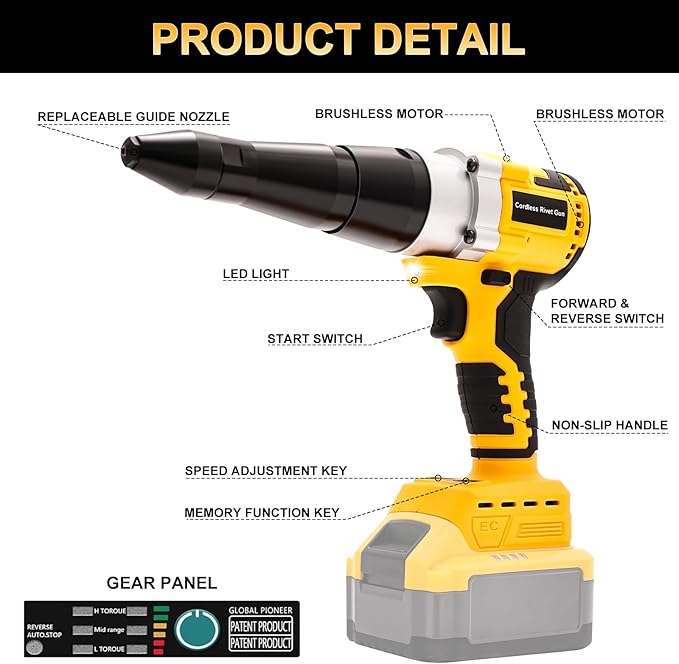 Cordless Rivet Gun for De-Walt 20V Battery, Electric Rivet Tool with LED Light, 3 Size for 1/8", 5/32", 3/16" Rivets–Brushless Blind Pop Rivet Gun Tool for Aluminum & Steel Rivets (Tool Only)